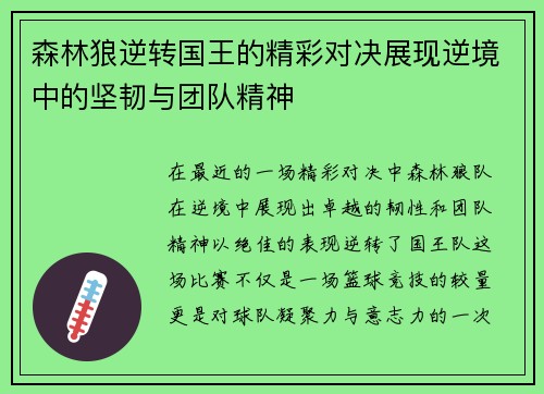 森林狼逆转国王的精彩对决展现逆境中的坚韧与团队精神